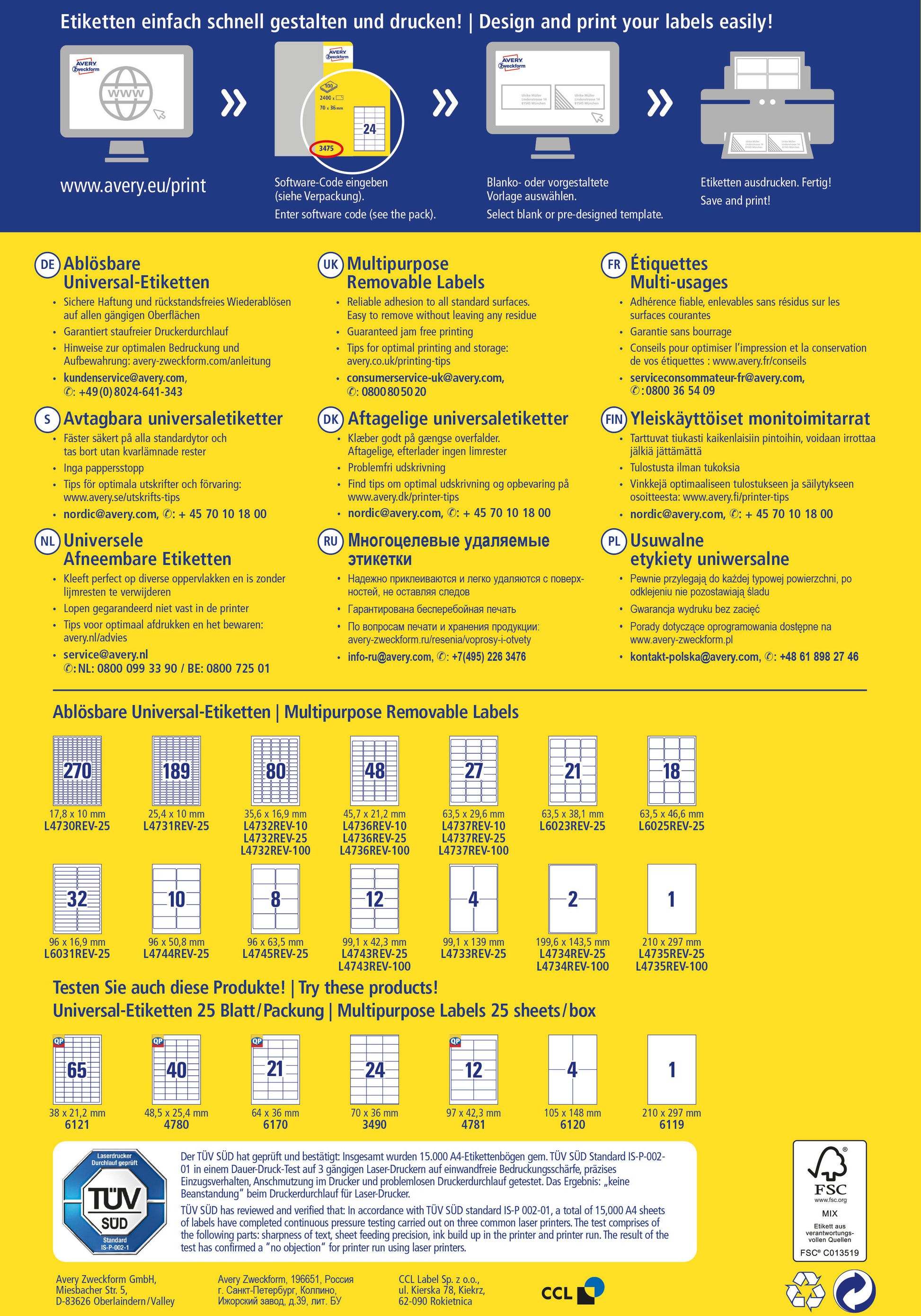 AVERY ZWECKFORM Universaletiketten 45,7x21,2mm L4736REV-100 weiss,non-perm. 4800S./100B.