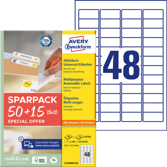 AVERY ZWECKFORM Universal-Etiketten 457x212mm L4736REV-65 weiss 50+15 Blatt