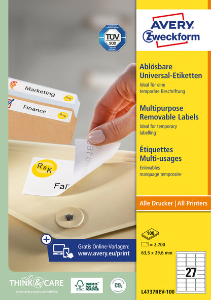 AVERY ZWECKFORM Universaletiketten 63,5x29,6mm L4737REV-100 weiss,non-perm. 2700Stk.100B.