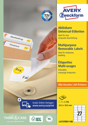 AVERY ZWECKFORM Universaletiketten 63,5x29,6mm L4737REV-100 weiss,non-perm. 2700Stk.100B.