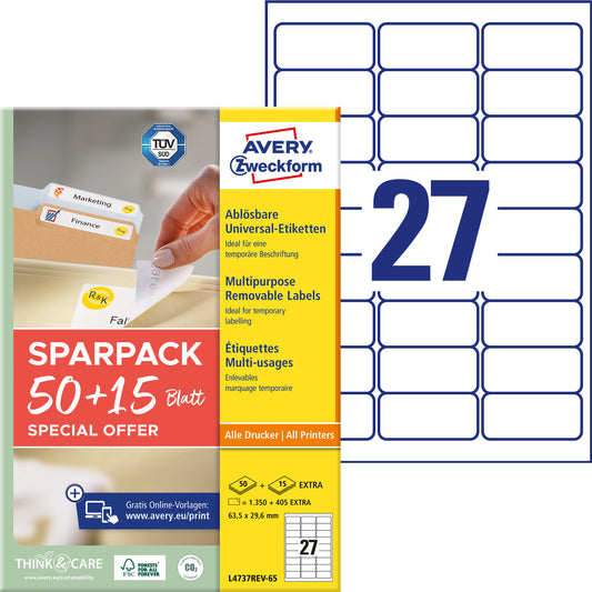 AVERY ZWECKFORM Universal-Etiketten 635x296mm L4737REV-65 weiss 50+15 Blatt