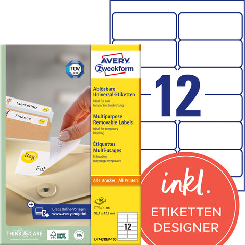 AVERY ZWECKFORM Universaletiketten 99,1x42,3mm L4743REV-100 weiss,non-perm. 1200St./10 B.