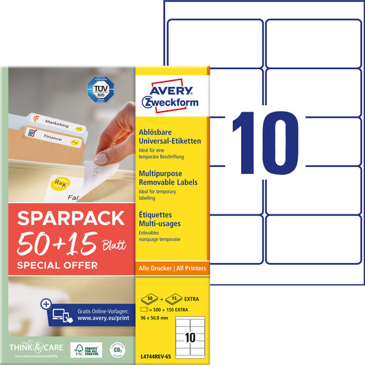 AVERY ZWECKFORM Universal-Etiketten 96x508mm L4744REV-65 weiss 50+15 Blatt