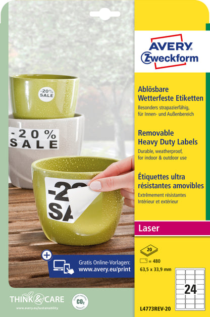 AVERY ZWECKFORM Folienetiketten 63,5x33,9mm L4773REV-20 weiss-non-perm.480 St./20 Bl.