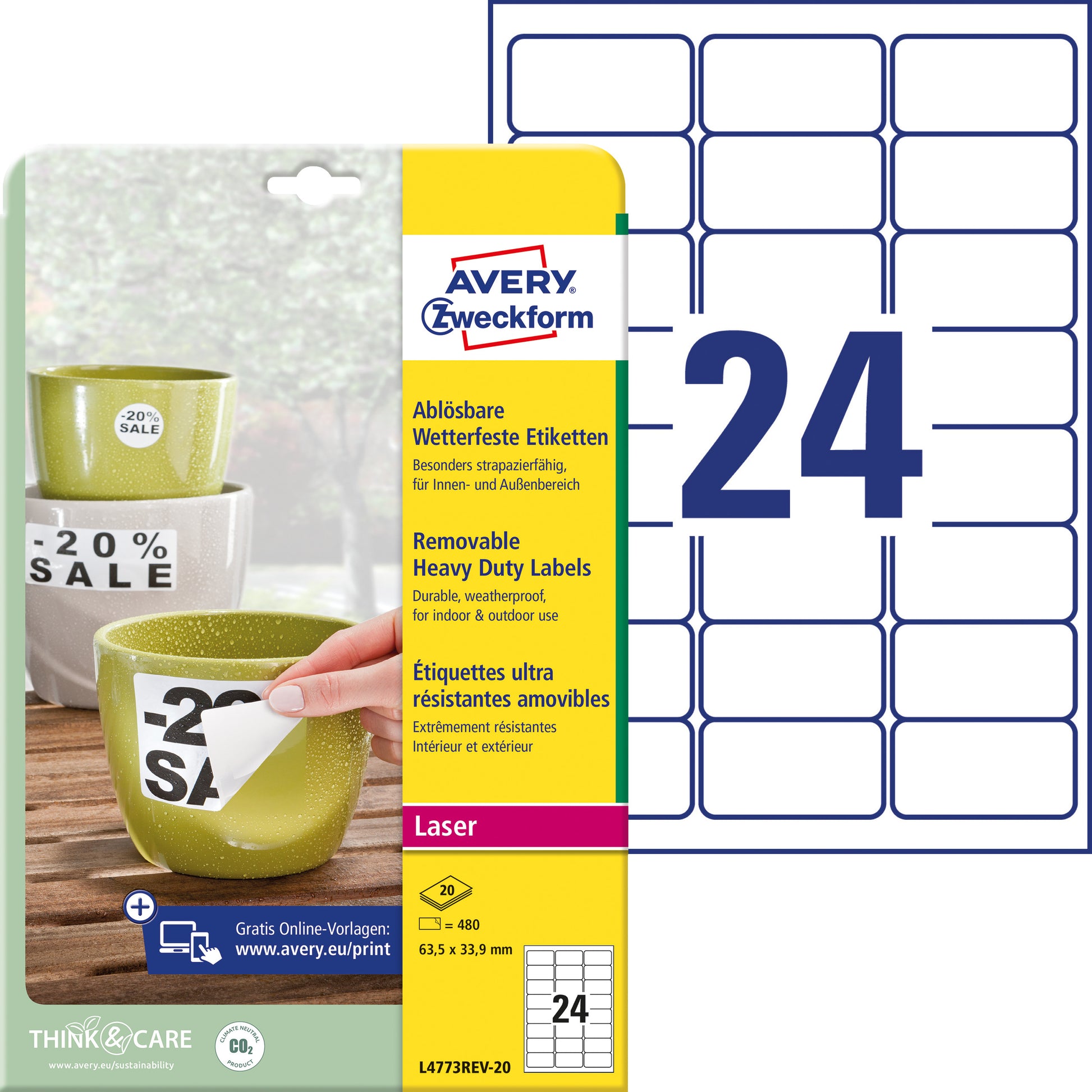 AVERY ZWECKFORM Folienetiketten 63,5x33,9mm L4773REV-20 weiss-non-perm.480 St./20 Bl.