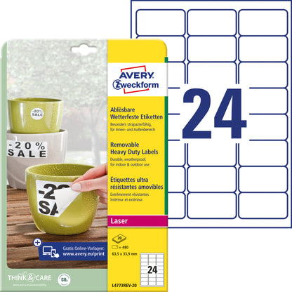 AVERY ZWECKFORM Folienetiketten 63,5x33,9mm L4773REV-20 weiss-non-perm.480 St./20 Bl.