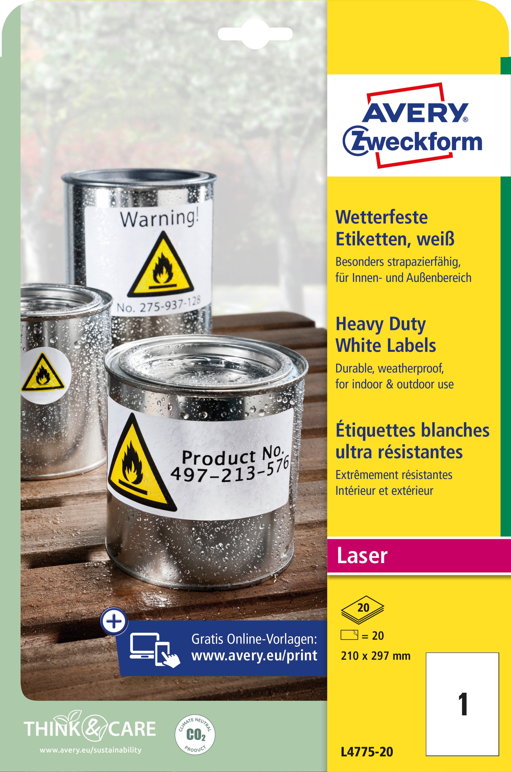 AVERY ZWECKFORM Laser-Etiketten 210x297mm L4775-20 weiss,wetterfest 20 St./20 Bl.