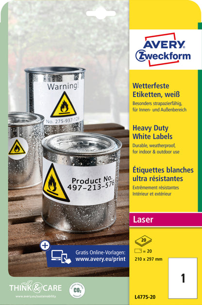 AVERY ZWECKFORM Laser-Etiketten 210x297mm L4775-20 weiss,wetterfest 20 St./20 Bl.
