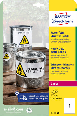 AVERY ZWECKFORM Laser-Etiketten 210x297mm L4775-20 weiss,wetterfest 20 St./20 Bl.