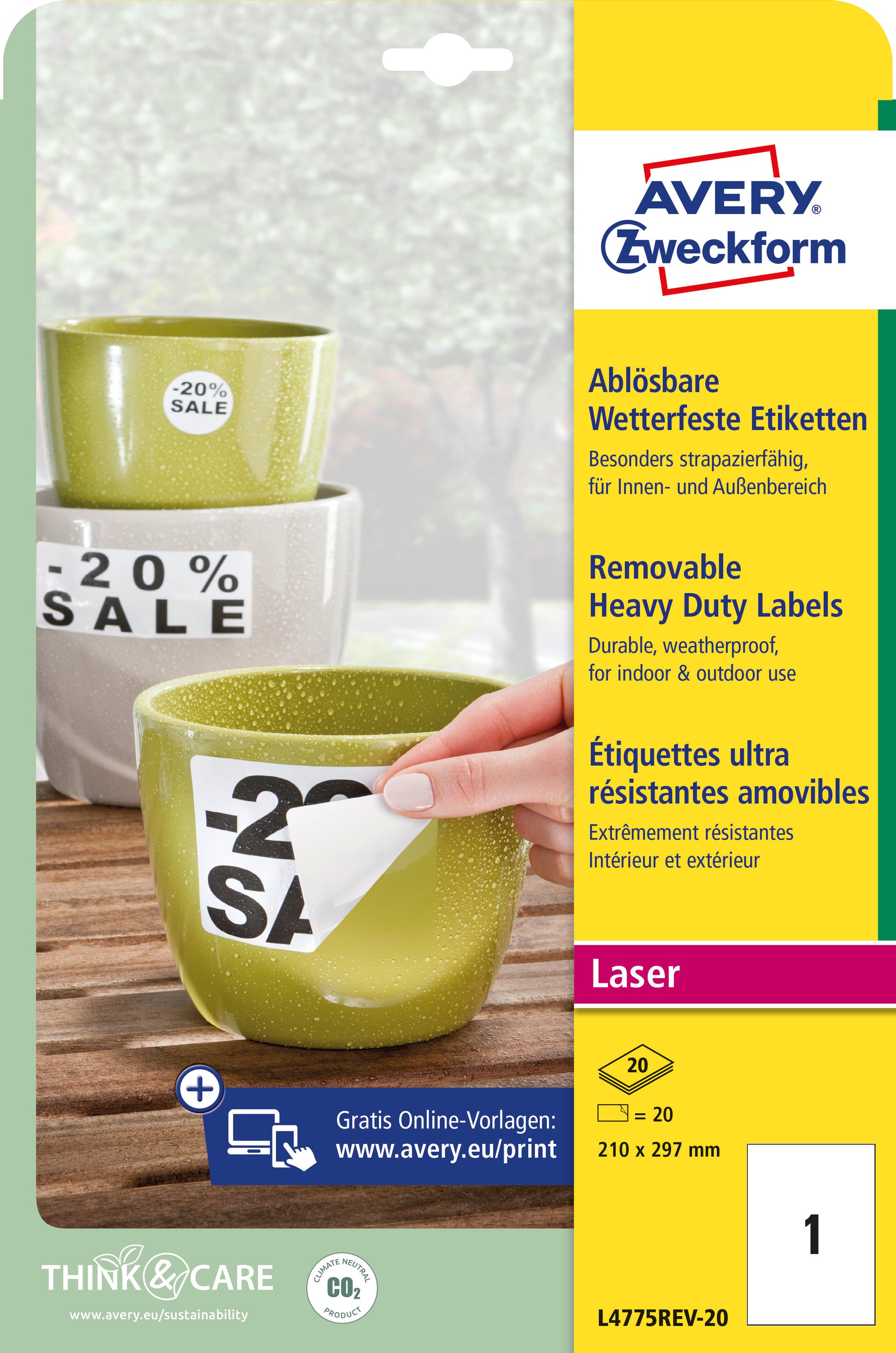 AVERY ZWECKFORM Folienetiketten 210x297mm L4775REV2 weiss,non-perm. 20 St./20 Bl.