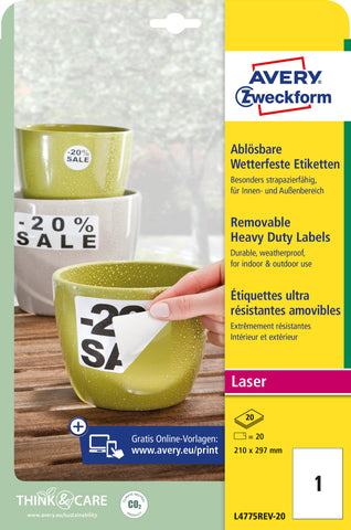 AVERY ZWECKFORM Folienetiketten 210x297mm L4775REV2 weiss,non-perm. 20 St./20 Bl.