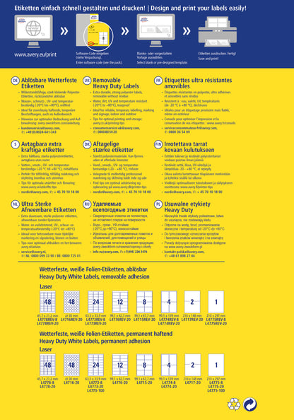 AVERY ZWECKFORM Folienetiketten 210x297mm L4775REV2 weiss,non-perm. 20 St./20 Bl.