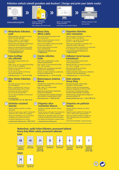 AVERY ZWECKFORM Etiketten Laser 45,7x21,2mm L47788 weiss, wetterfest 8 Blatt