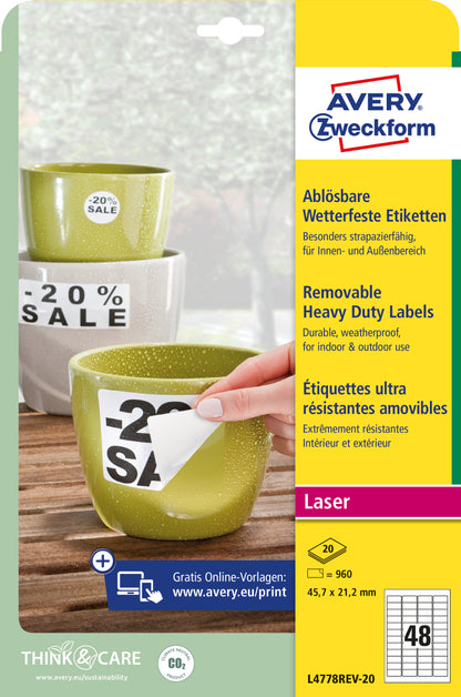AVERY ZWECKFORM Folienetiketten 45,7x21,2mm L4778REV2 weiss,non-perm. 960 St./20 Bl.
