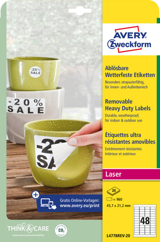 AVERY ZWECKFORM Folienetiketten 45,7x21,2mm L4778REV2 weiss,non-perm. 960 St./20 Bl.
