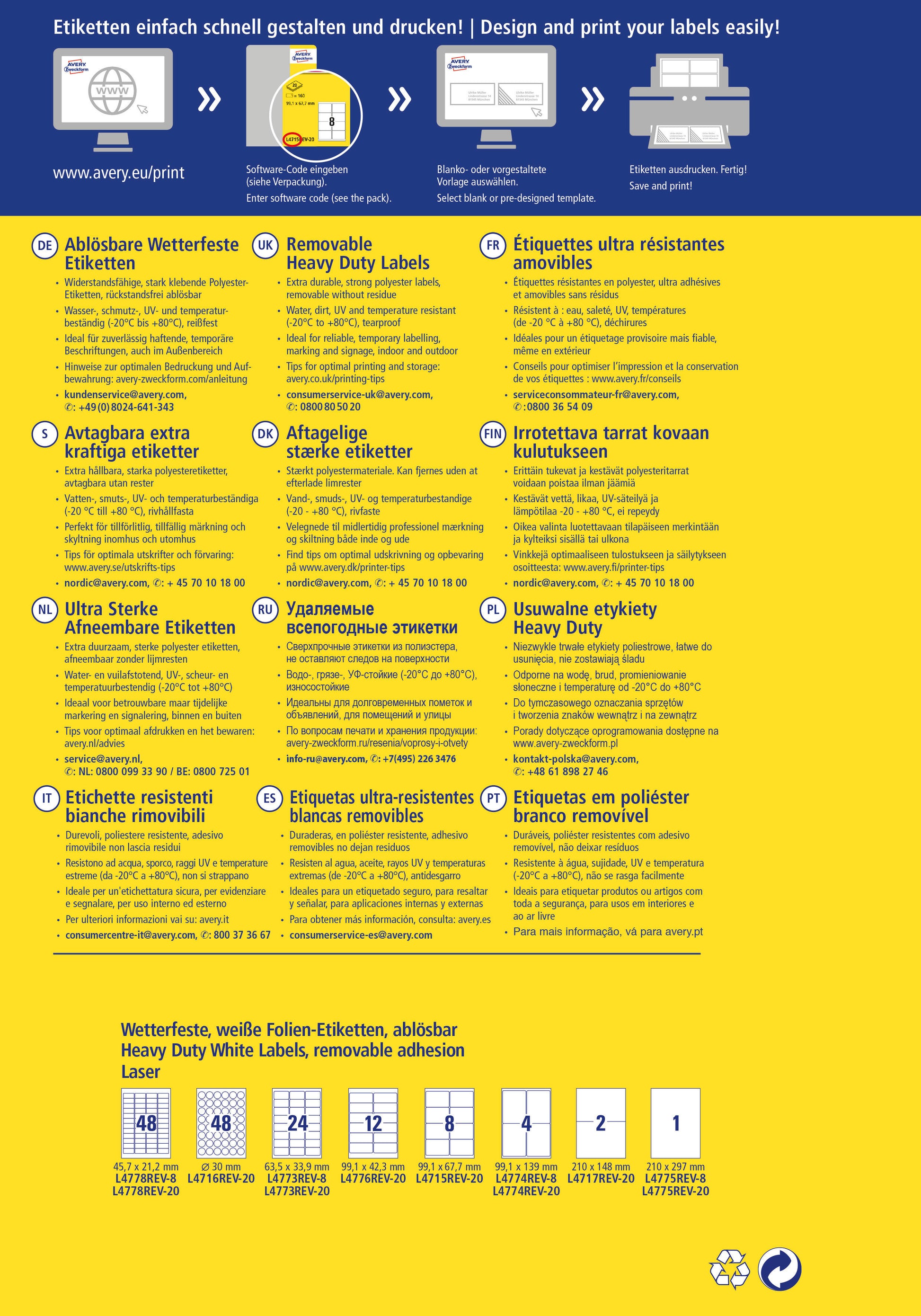 AVERY ZWECKFORM Etiketten Laser 45,7x21,2mm L4778REV8 weiss,wetterfest,ablösbar 8 B.