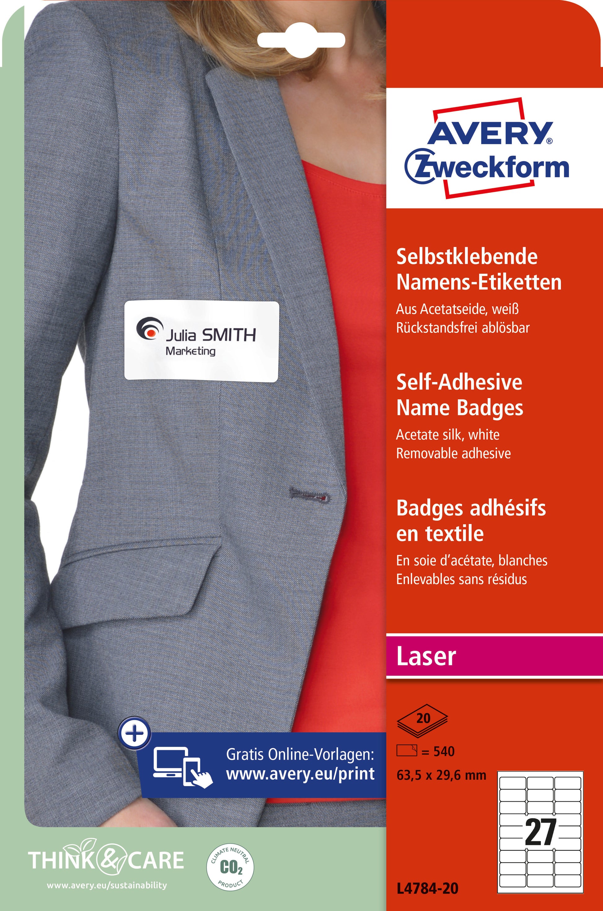 AVERY ZWECKFORM Namensetiketten 63.5x29.6mm L4784-20 Laser, weiss 20Bl./27Stk.