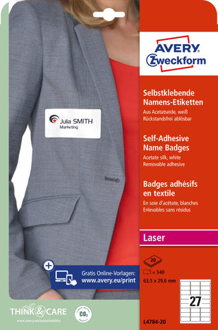 AVERY ZWECKFORM Namensetiketten 63.5x29.6mm L4784-20 Laser, weiss 20Bl./27Stk.
