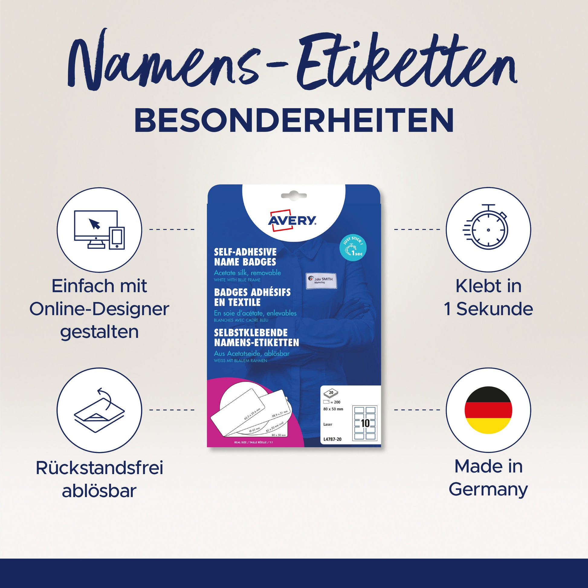AVERY ZWECKFORM Namensetiketten L4787-20 weiss/blau 80x50mm 200 Stück