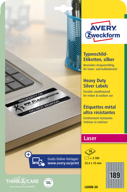 AVERY ZWECKFORM Typenschild-Etik. 25,4x10mm L6008-20 silber, Laser 3780 St./20 Bl.