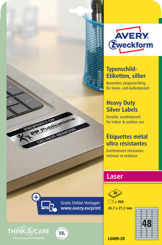 AVERY ZWECKFORM Typenschild-Etik. 45,7x21,2mm L6009-20 silber, Laser 960 St./20 Blatt