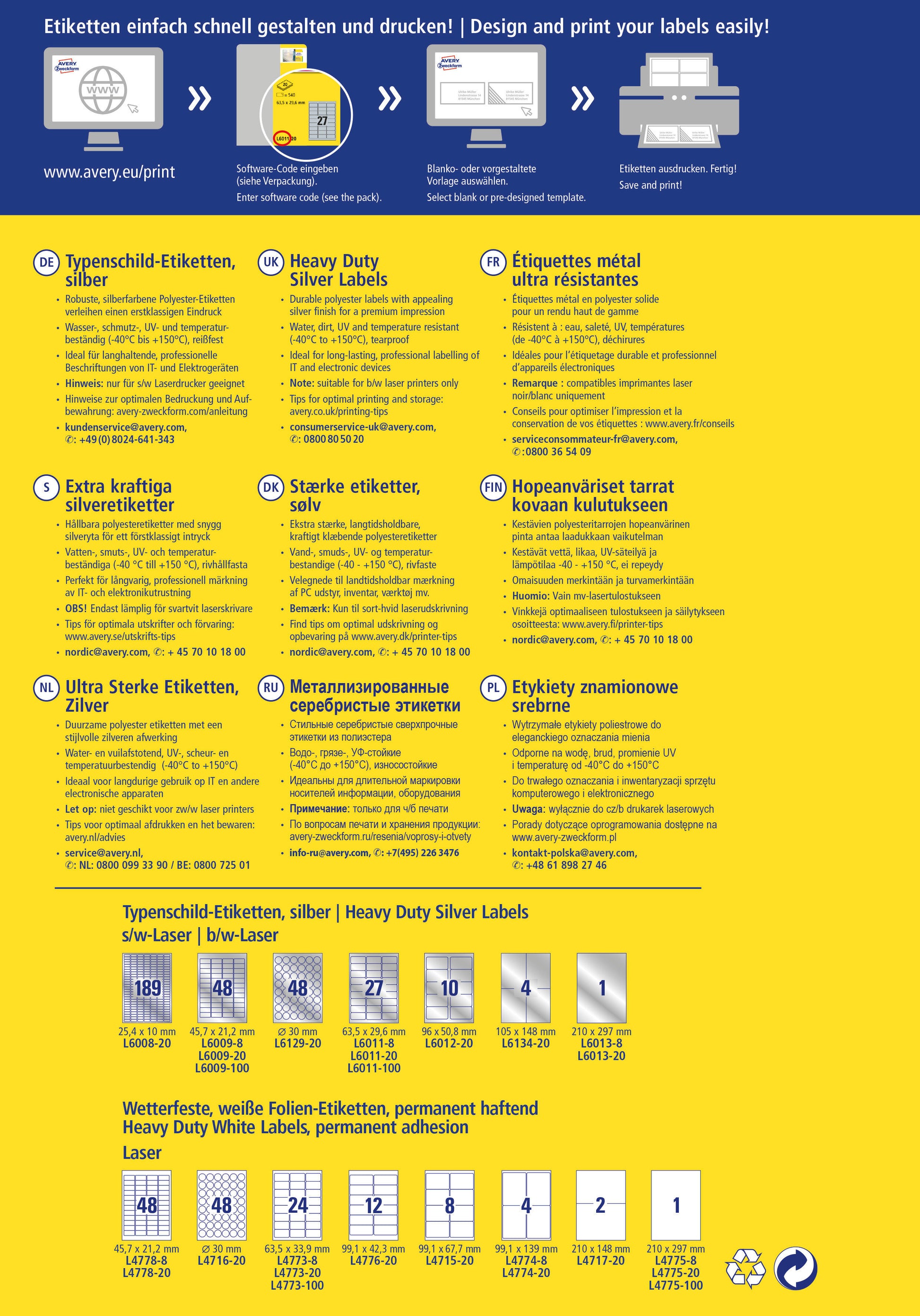 AVERY ZWECKFORM Typenschild-Etik. 45,7x21,2mm L6009-20 silber, Laser 960 St./20 Blatt