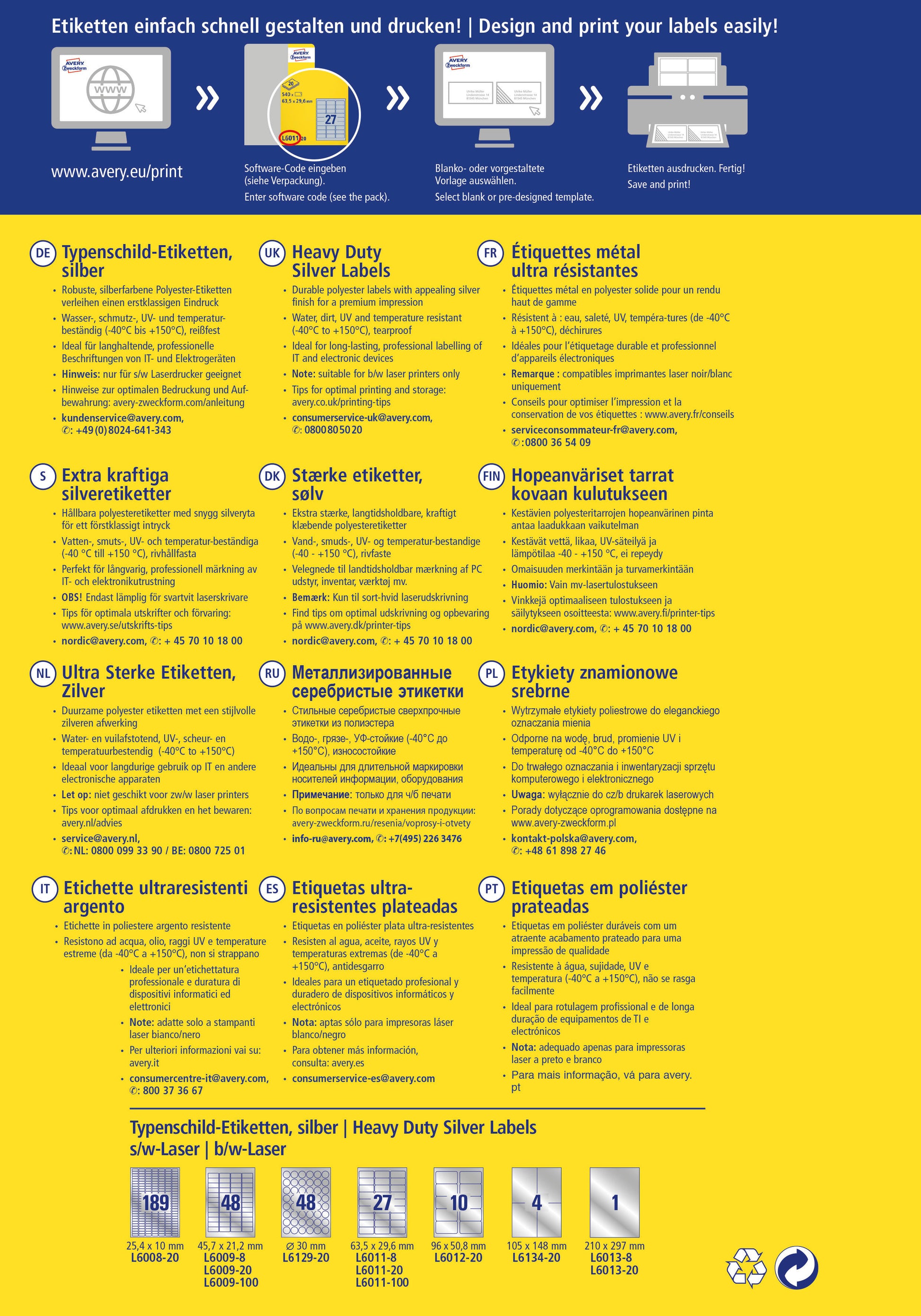 AVERY ZWECKFORM Typenschild-Etikett. 210x297mm L6013-8 silber 8 Blatt/8 Stk.