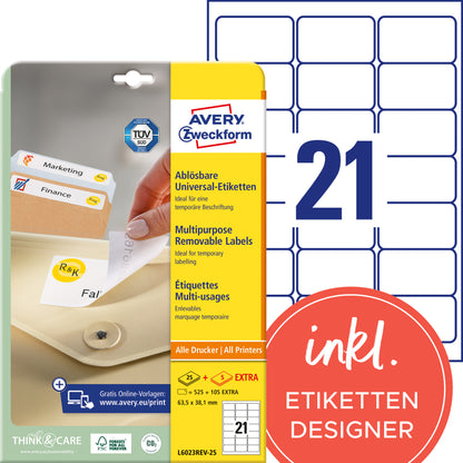 AVERY ZWECKFORM Universal-Etikett. 63,5x38,1mm L6023REV-25 weiss 630 Stk./25 + 5 Blatt