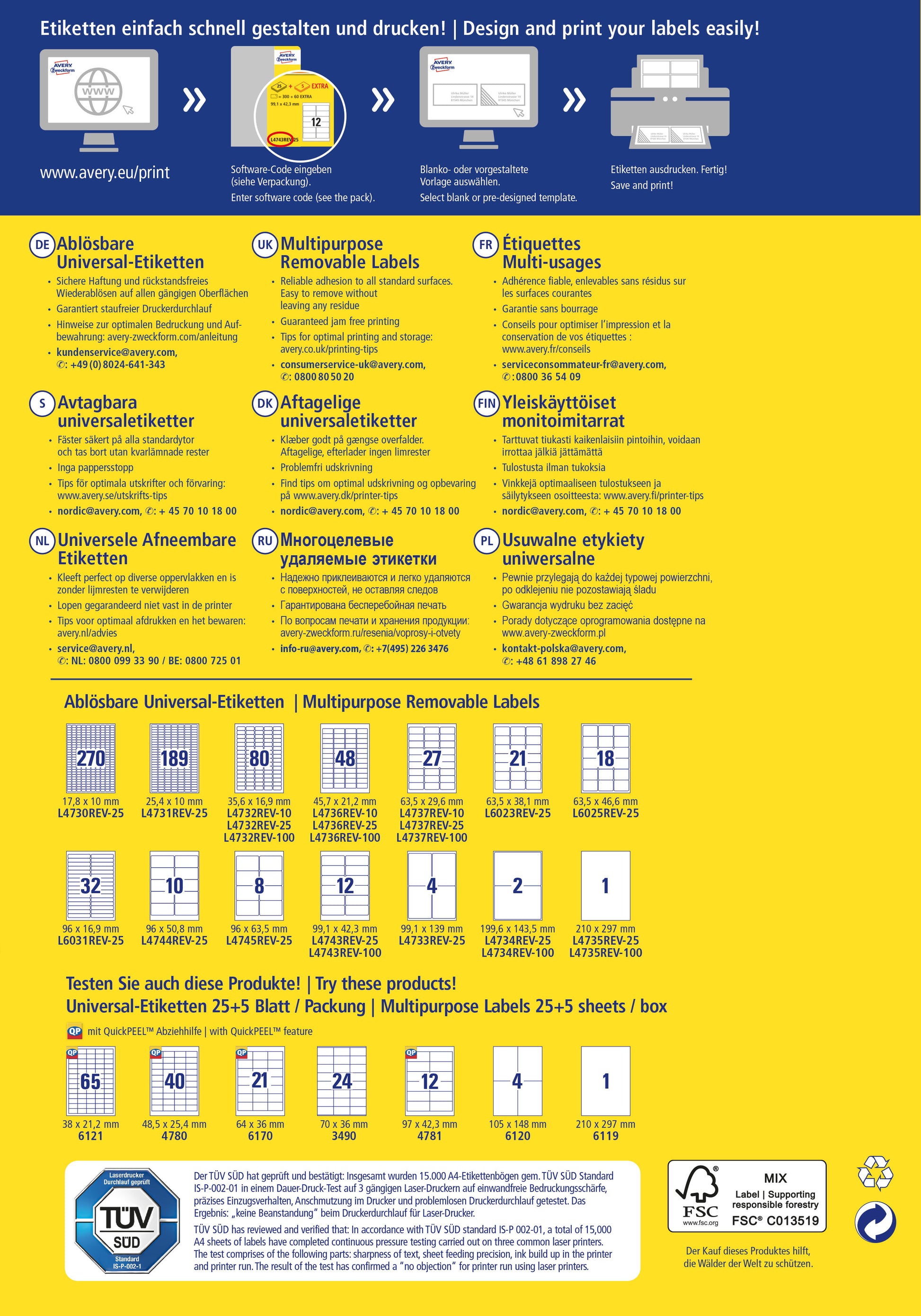 AVERY ZWECKFORM Universal-Etiketten 525x212mm L6027REV-25 weiss 30 Blatt