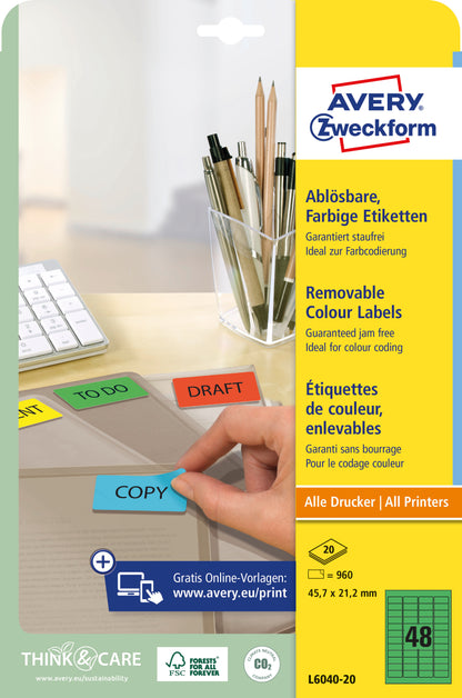 AVERY ZWECKFORM Etiketten 45,7x21,2mm L6040-20 grün 960Stk./20Bl.