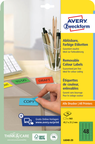 AVERY ZWECKFORM Etiketten 45,7x21,2mm L6040-20 grün 960Stk./20Bl.