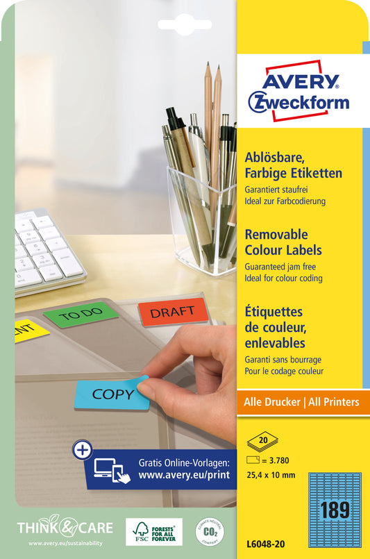AVERY ZWECKFORM Etiketten 25,4x10mm L6048-20 blau 3780Stk./20Bl.