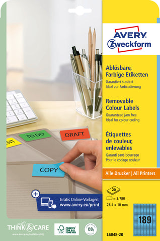 AVERY ZWECKFORM Etiketten 25,4x10mm L6048-20 blau 3780Stk./20Bl.