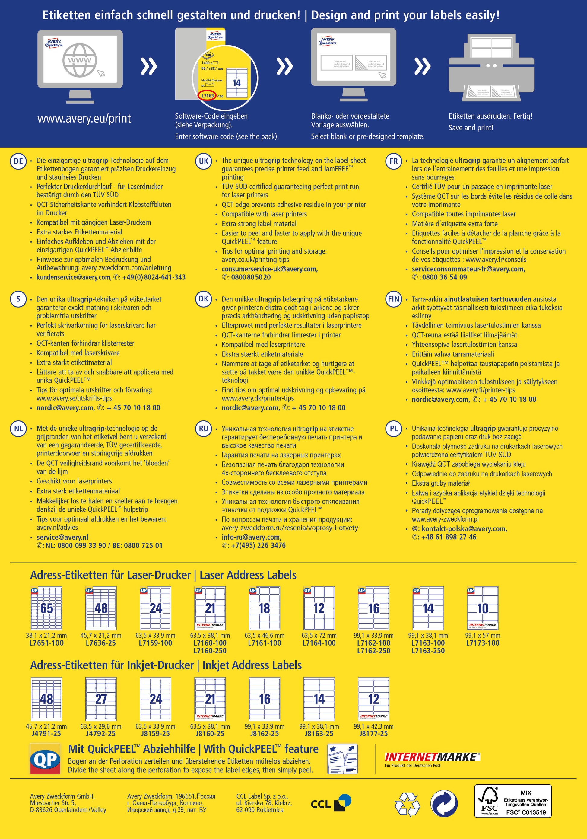 AVERY ZWECKFORM Adressetiketten 99,1x38,1mm L7163-250 weiss 3500 Stk./250 Blatt