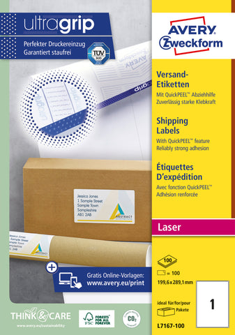 AVERY ZWECKFORM Versandetiketten 199,6x289,1mm L7167-100 weiss 100 Stk./100 Blatt