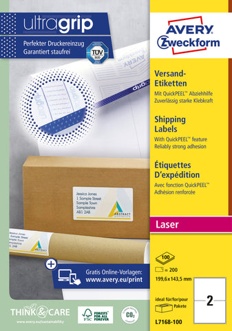 AVERY ZWECKFORM Versandetiketten 199,6x143,5mm L7168-100 weiss 200 Stk./100 Blatt