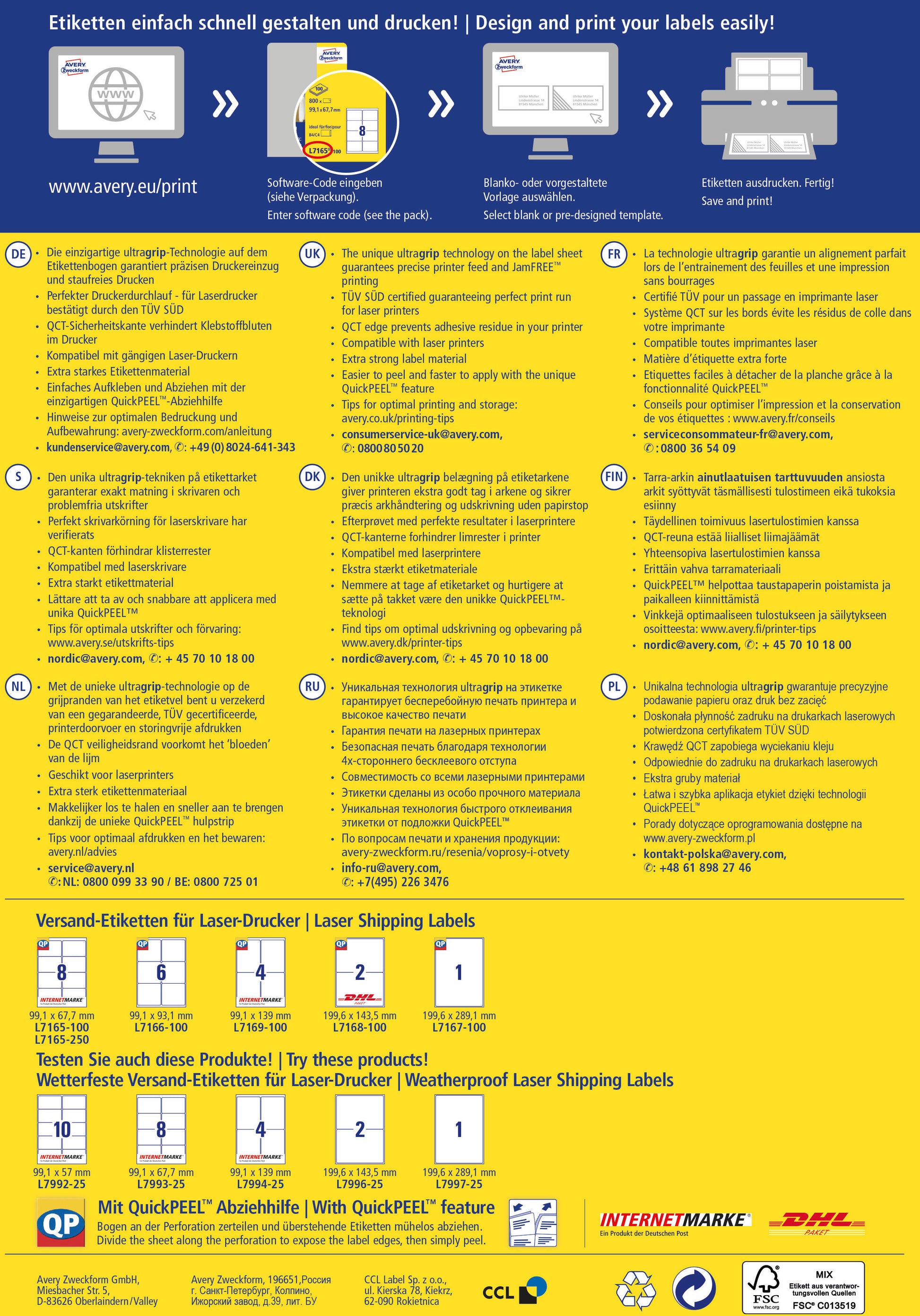 AVERY ZWECKFORM Versandetiketten 199,6x143,5mm L7168-100 weiss 200 Stk./100 Blatt