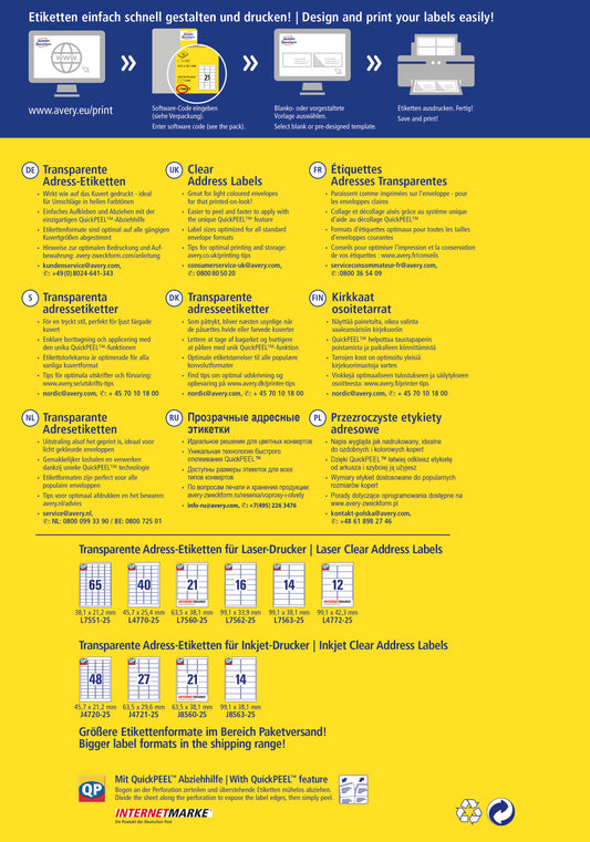 AVERY ZWECKFORM Adress-Etik. Laser 99,1x33,9mm L7562-25 transparent 400 St./16 Blatt