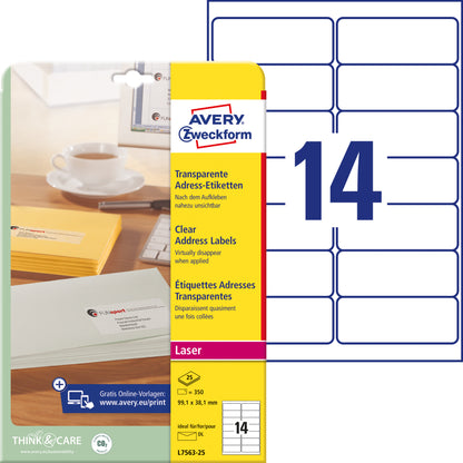 AVERY ZWECKFORM Adressetiketten 99,1x38,1mm L7563-25 transparent 350 Stück