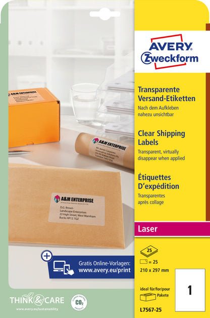 AVERY ZWECKFORM Adressetiketten 210x297mm L7567-25 Laser, transp. 25Stk./25Bl.