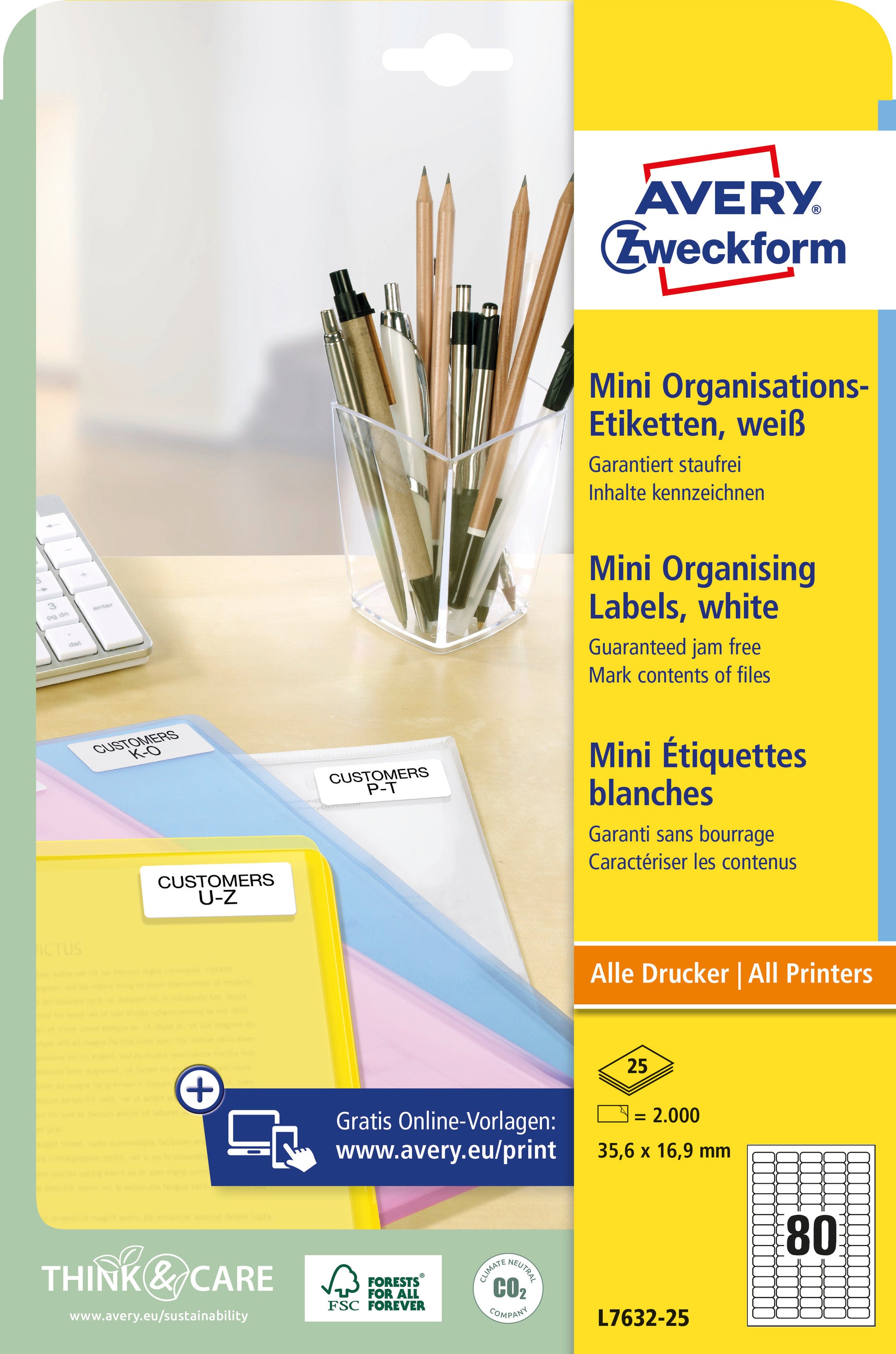 AVERY ZWECKFORM Mini Etiketten weiss L7632-25 2000 Stk./25 Blatt