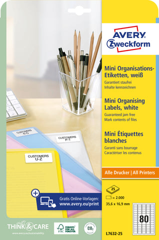 AVERY ZWECKFORM Mini Etiketten weiss L7632-25 2000 Stk./25 Blatt