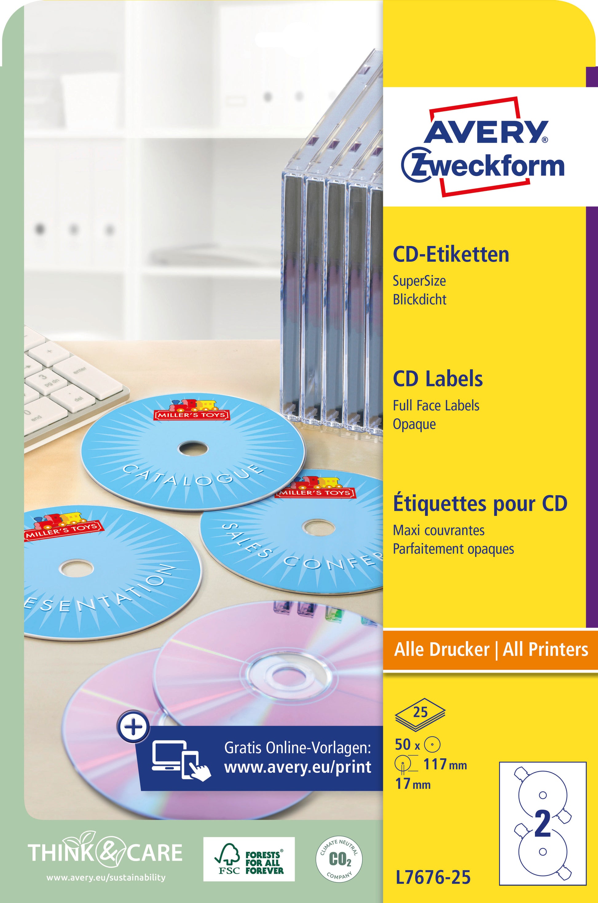 AVERY ZWECKFORM CD-Etiketten SuperSize 117mm L7676-25 weiss, permanent 25x2 Stk.