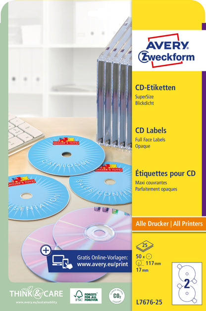 AVERY ZWECKFORM CD-Etiketten SuperSize 117mm L7676-25 weiss, permanent 25x2 Stk.