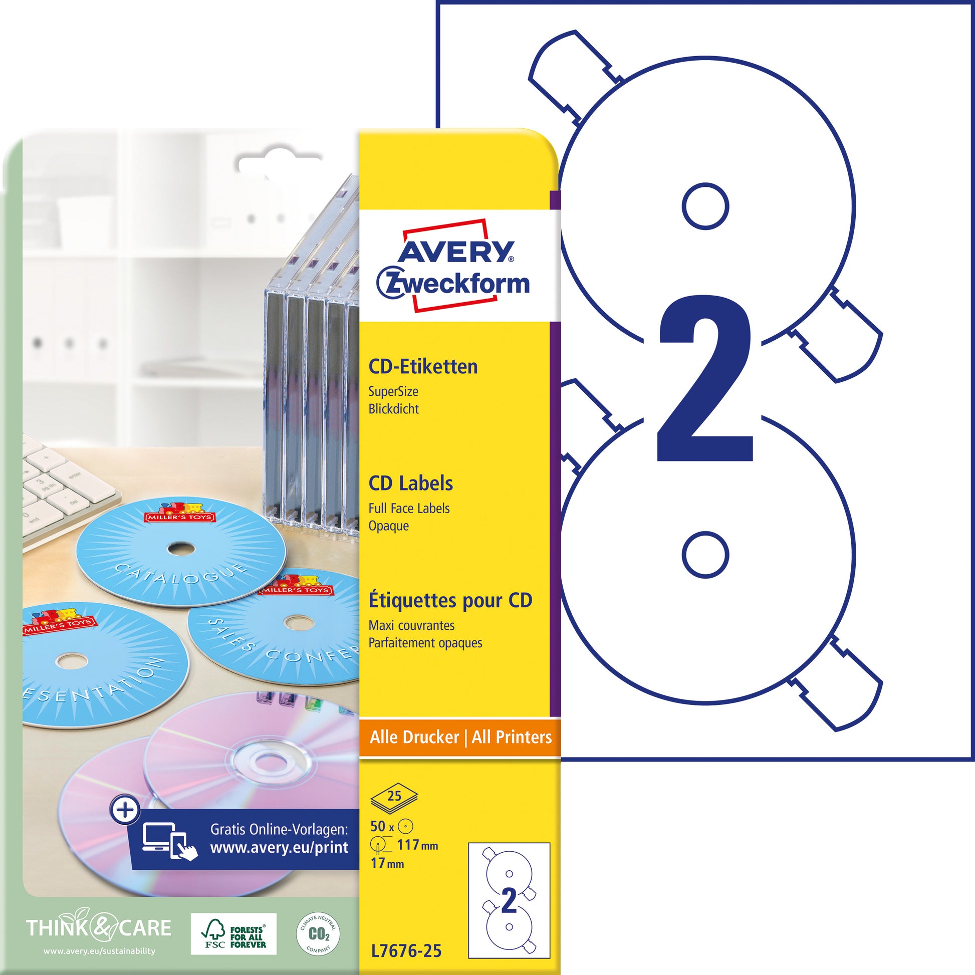 AVERY ZWECKFORM CD-Etiketten SuperSize 117mm L7676-25 weiss, permanent 25x2 Stk.