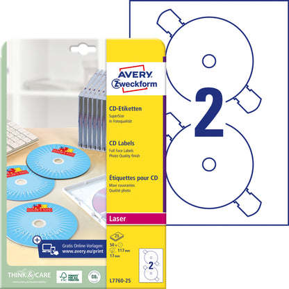 AVERY ZWECKFORM CD-Etiketten Supersize 117mm L7760-25 weiss, glossy 50 Stück