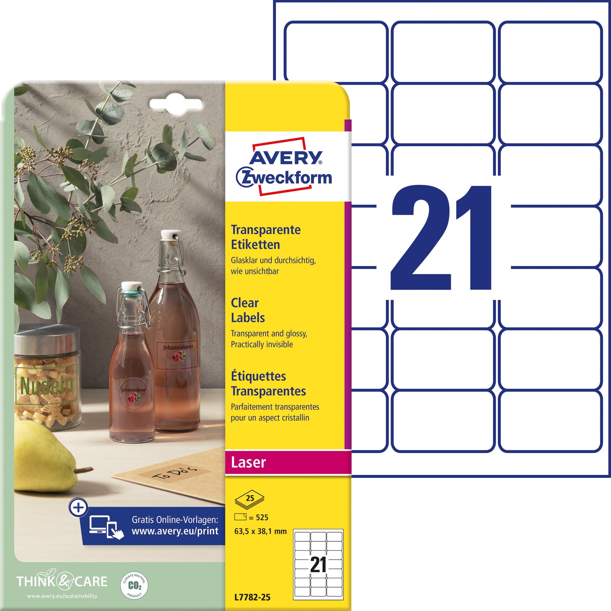 AVERY ZWECKFORM Etiketten 63,5x38,1mm L7782-25 transparent 525 Stück