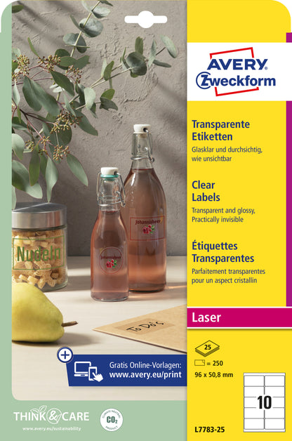 AVERY ZWECKFORM Etiketten 96x50,8mm L7783-25 glasklar 250 Stück