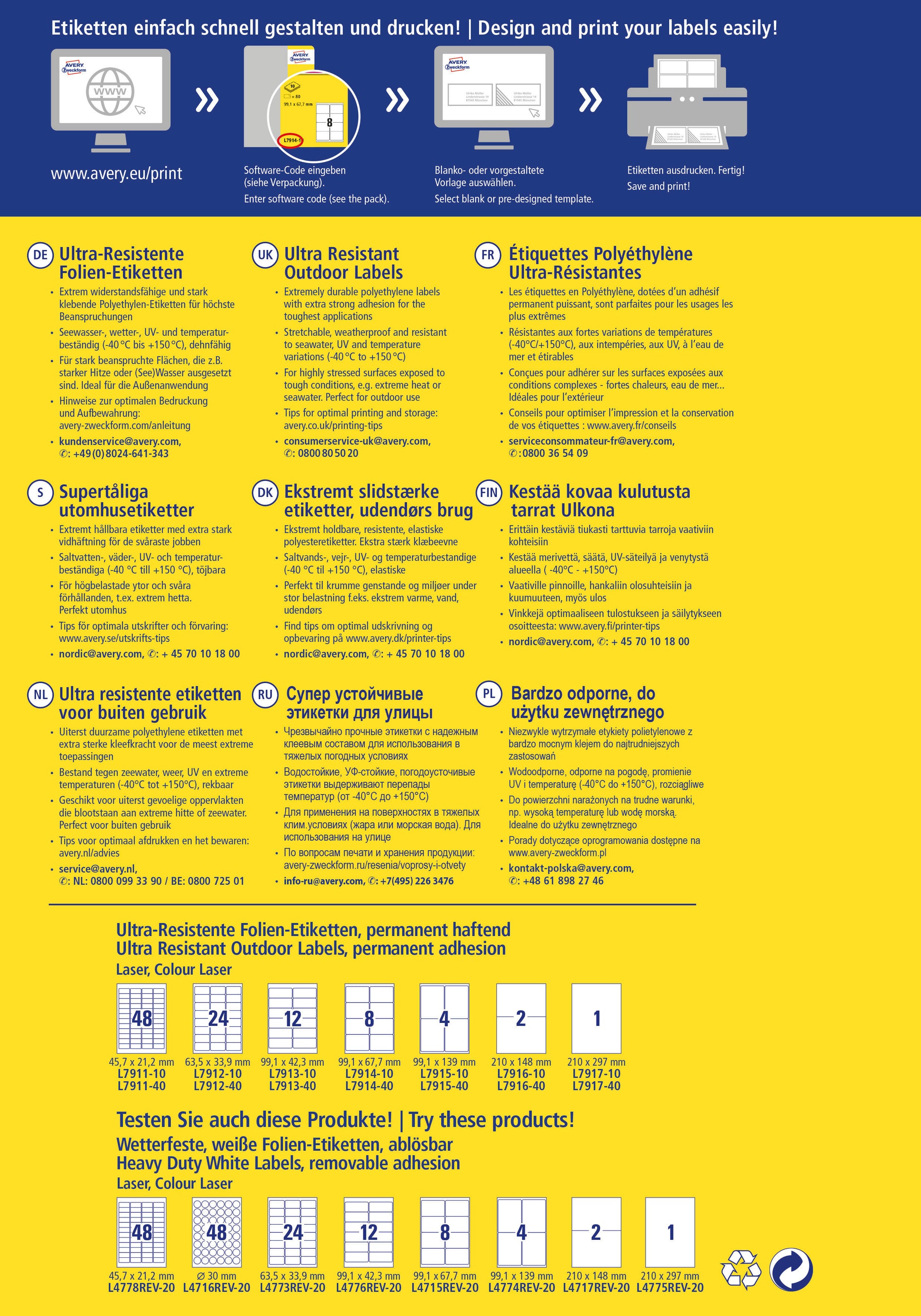 AVERY ZWECKFORM Etiketten 99,1x42,3mm L7913-10 weiss,ultra-resistent 10 Blatt