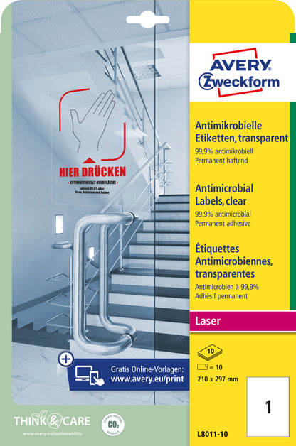 AVERY ZWECKFORM Etiketten L8011-10 Antimic. 210x297mm transp.